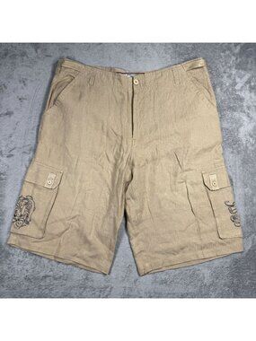 Y2K Baggy Artful Dodger Linen Cargo Shorts Embroidered Hip Hop Tan Summer Sz 44
